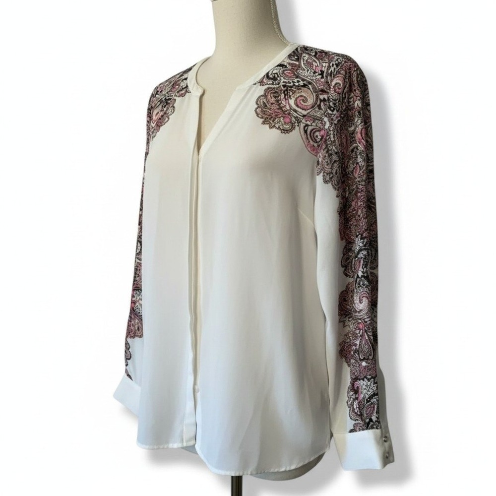 Dana Buchman Womens White Paisley Print Long Sleeve Split Neck Blouse Size‎ 14